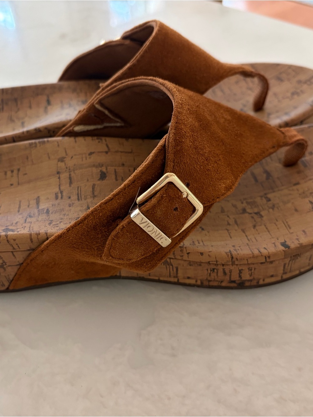 Vionic Women's Brown Suede Buckle Cork-Style Slide Sandal